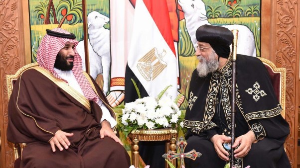 The crown prince of Saudi Arabia, Mohammad bin Salman, meets Coptic Orthodox Pope Tawadros II in Cairo, Egypt on March 05, 2018.