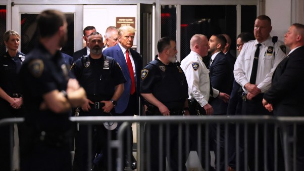 Former U.S. President Donald Trump arrives for his arraignment at Manhattan Criminal Court.