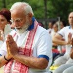 Narendra Modi, prime minister of India, practices yoga with hundreds of people at the United Nations to mark the International Day of Yoga on June 21, 2023.