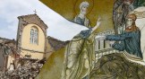 Ruins of a church in Turkey after the earthquake (left) and artwork depicting Tabitha, also known as Dorcas, being raised from the dead by Peter (right).