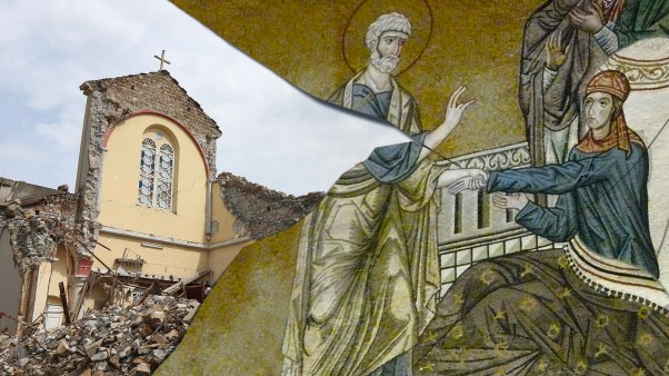 Ruins of a church in Turkey after the earthquake (left) and artwork depicting Tabitha, also known as Dorcas, being raised from the dead by Peter (right).