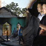 Left: Villagers inspect the debris of a ransacked church that was set on fire by a mob in Manipur. Right: Manipuri pray for peace.