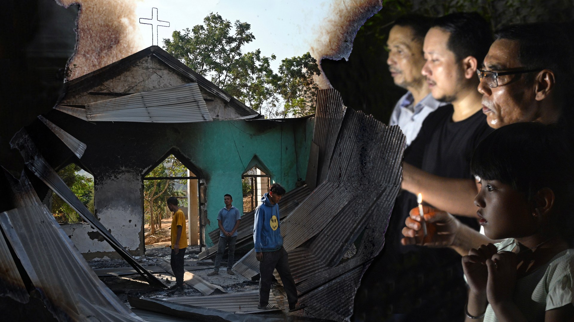 Left: Villagers inspect the debris of a ransacked church that was set on fire by a mob in Manipur. Right: Manipuri pray for peace.