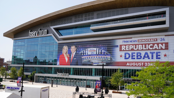 The Fiserv Forum where the Republican presidential debate will take place on Wednesday, Aug. 23.