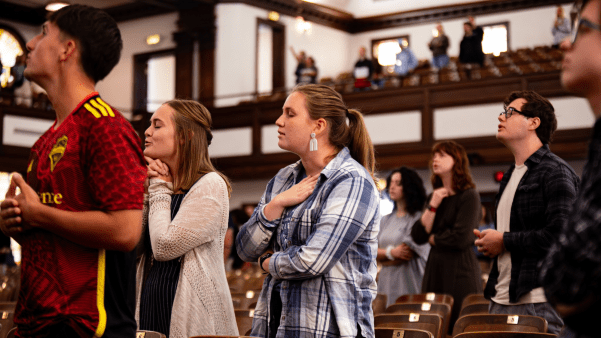Students worship at Asbury University at the start of a new semester.