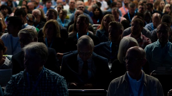 Attendees of the Southern Baptist Convention listening to a talk by the chair of the sexual abuse task force.