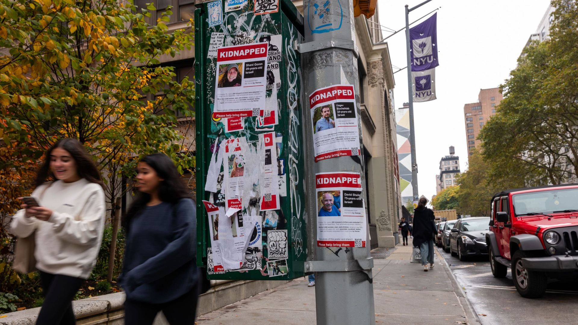 Flyers of those kidnapped by Hamas are displayed at New York University on Oct. 30, 2023.