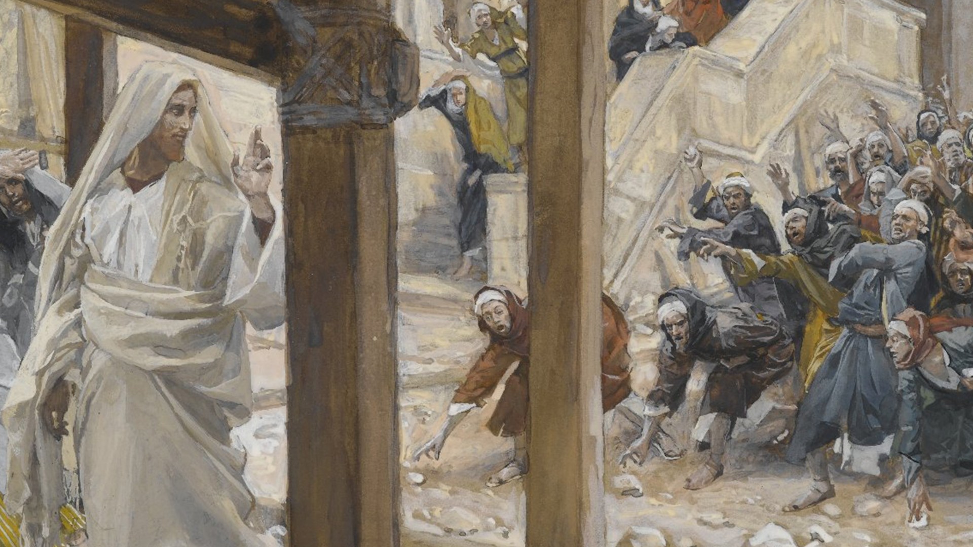 Painting by James Tissot titled, The Jews Took Up Rocks to Stone Jesus