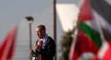 Turkey's President Recep Tayyip Erdogan speaks during a rally in solidarity with Palestinians in Gaza.