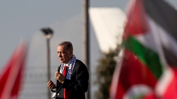 Turkey's President Recep Tayyip Erdogan speaks during a rally in solidarity with Palestinians in Gaza.