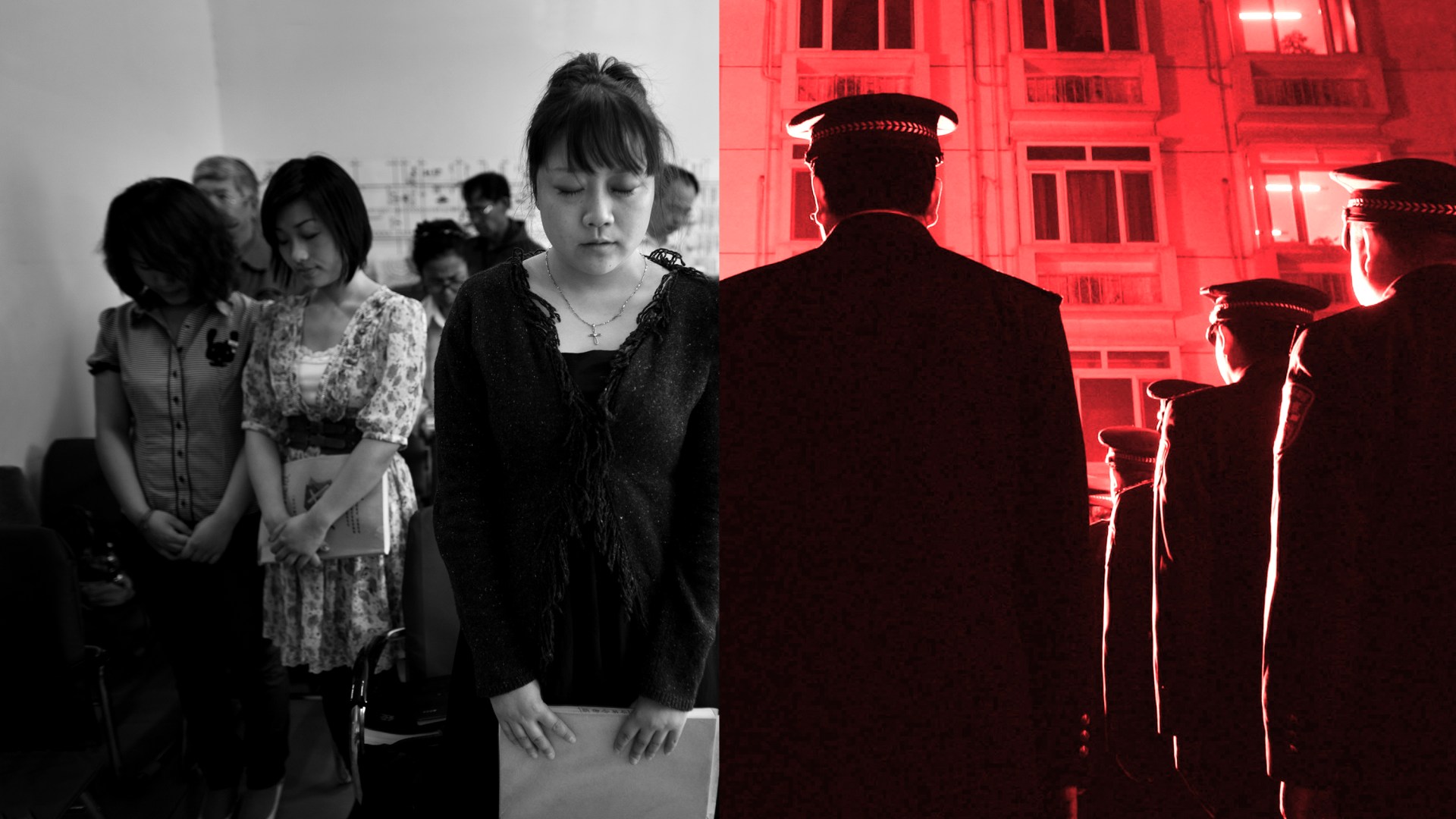 Left: A house church in China. Right: Chinese police preparing to raid a venue.