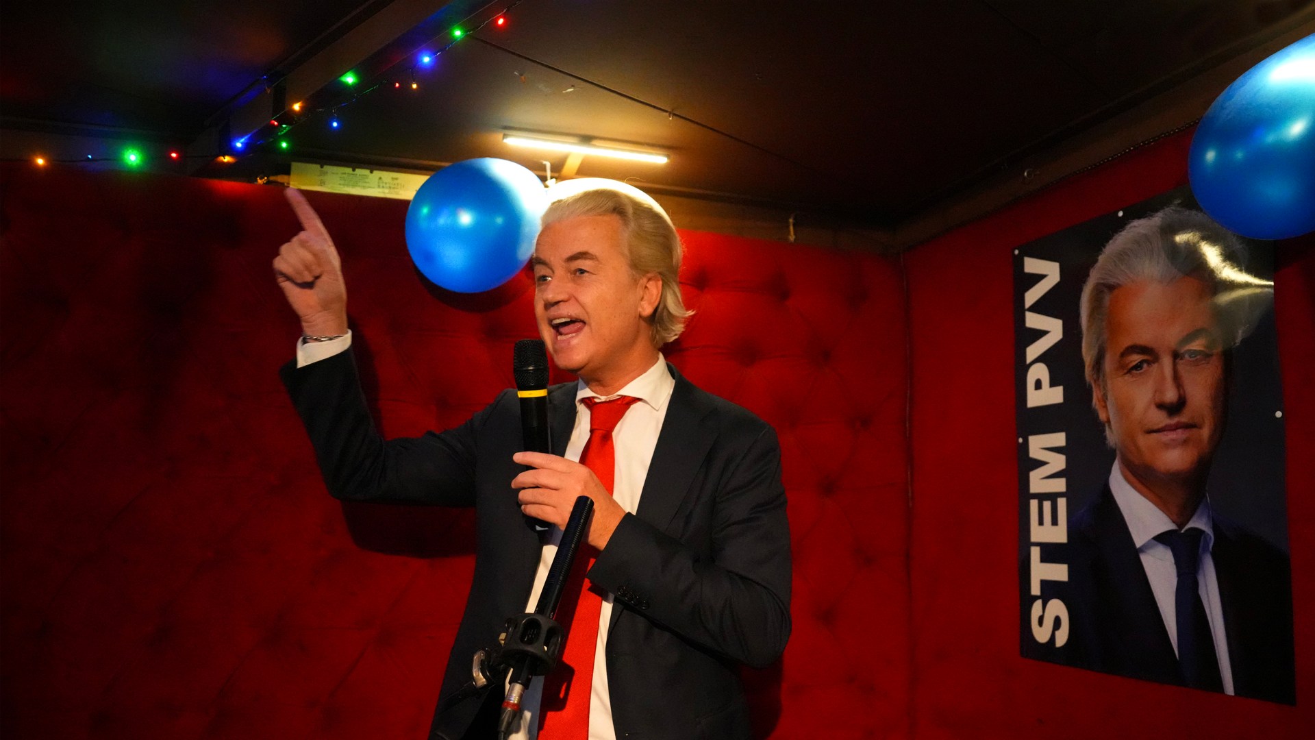 Geert Wilders, Dutch right-wing politician and leader of the Party for Freedom, reacts to results that strongly indicate a victory for his party.
