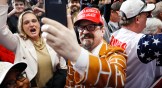 Supporters of former President Donald Trump celebrate at his caucus night event at the Iowa Events Center in Des Moines.