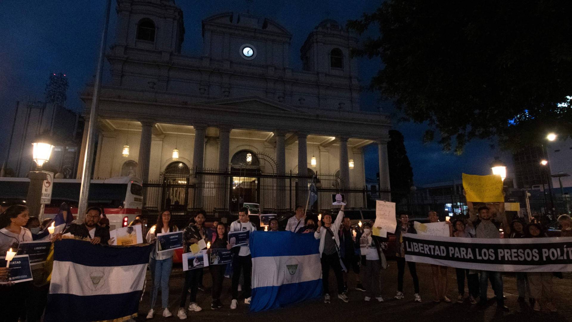 Nicaraguans hold a demonstration in front of San Jose’s Cathedral in Costa Rica to protest the detention of Nicaraguan bishop Rolando Alvarez in 2022.