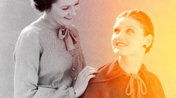 A vintage photo of two women, one woman in black and white with her hand on the should of the other woman who is turning yellow in a gradient