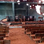 Damage to the interior of Khuafo Baptist Church from a claimed airstrike.