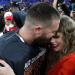 Travis Kelce of the Kansas City Chiefs celebrates with Taylor Swift after a victory against the Baltimore Ravens.