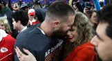 Travis Kelce of the Kansas City Chiefs celebrates with Taylor Swift after a victory against the Baltimore Ravens.