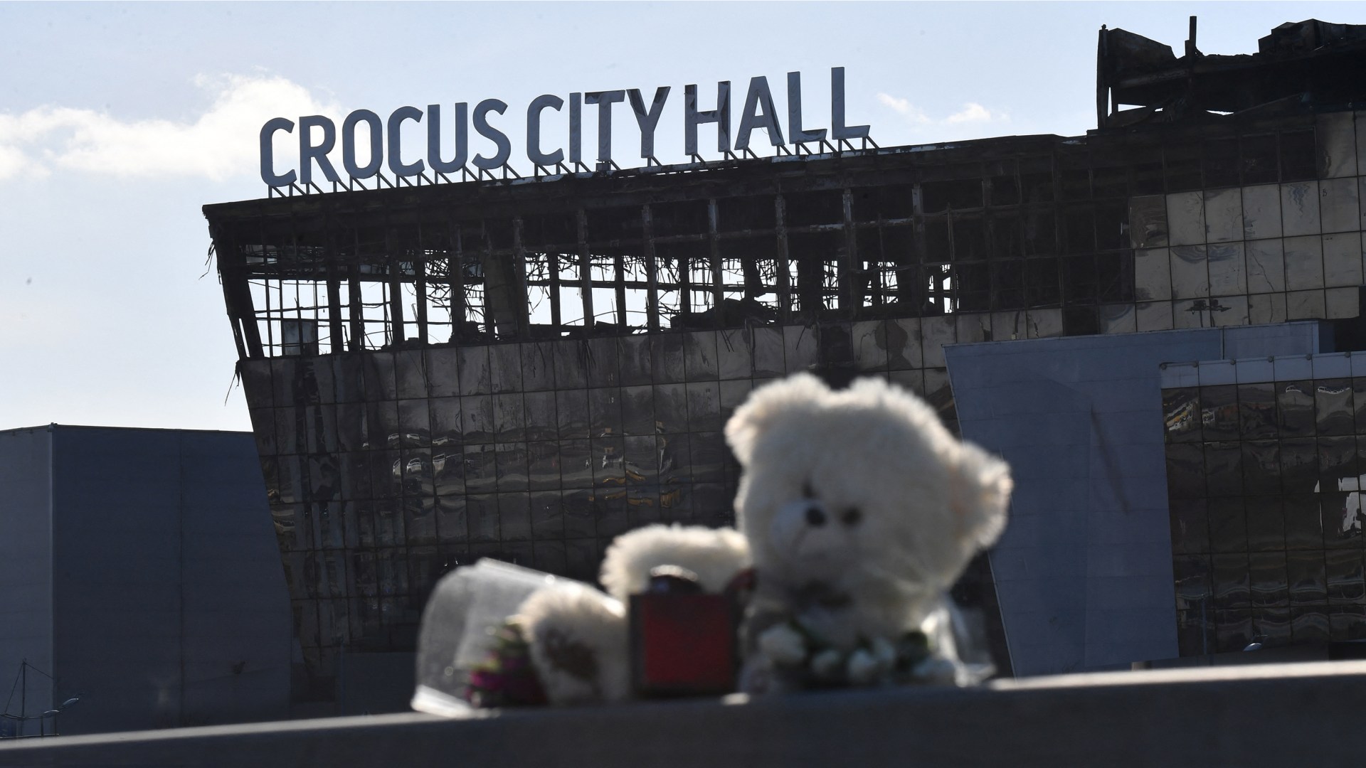 Flowers and toys left in memory of the victims lost in a terrorist attack on Crocus City Hall in Moscow.