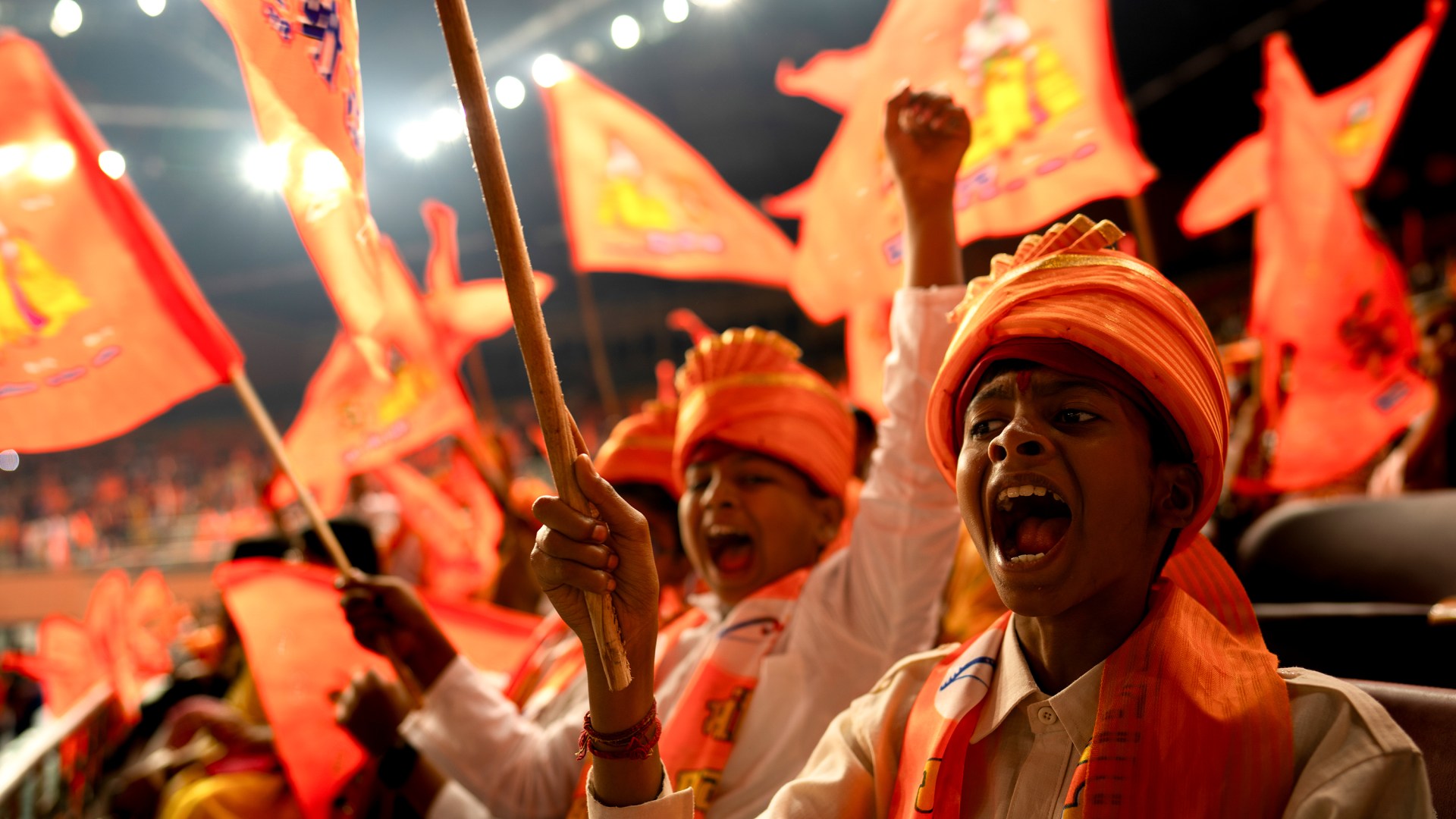 Hindu nationalists wave flags of Lord Ram and raise prayer cries during an event held in India.