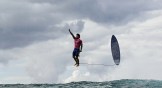 Brazil's Gabriel Medina reacts after getting a large wave in men's surfing during the Paris 2024 Olympic Games.