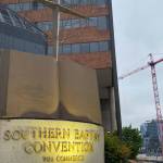 A cross and Bible sculpture stand outside the Southern Baptist Convention headquarters in Nashville.