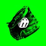 A baseball mitt holding a die on a neon green background.
