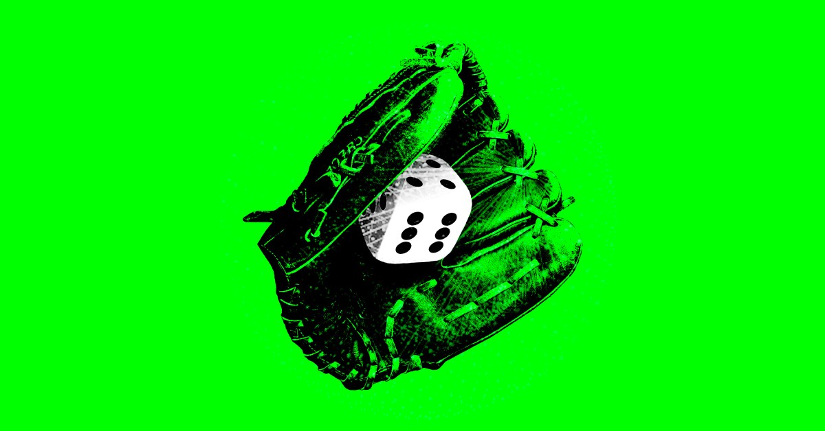 A baseball mitt holding a die on a neon green background.