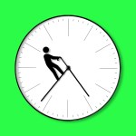 A person holding a cane walking on the hands of a clock on a bright green background