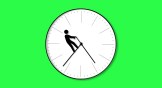 A person holding a cane walking on the hands of a clock on a bright green background