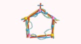 A church made of colorful pom-pom balls and pipe cleaners on a cream colored background