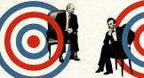 A red and blue target over Vladimir Putin sitting in a chair and another target over Abraham Lincoln sitting in a chair