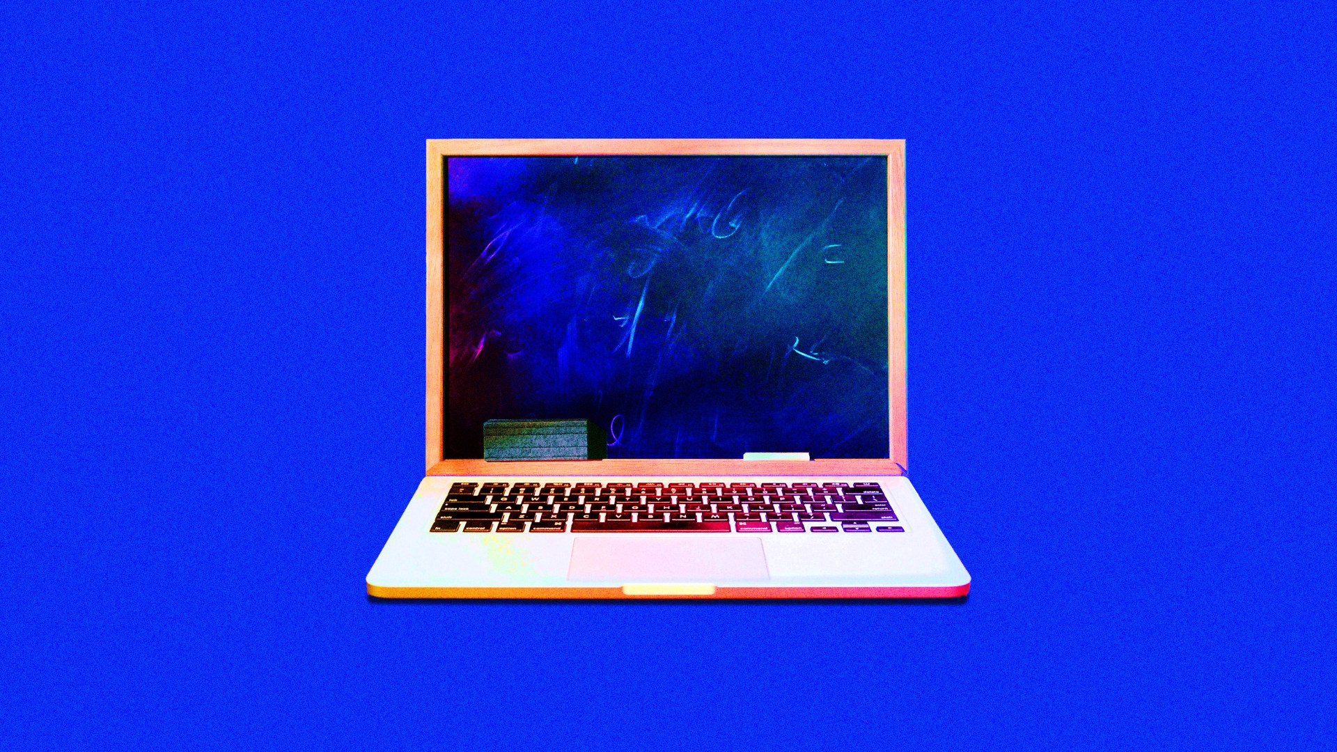 A laptop with a chalkboard as the screen on a blue background.
