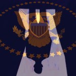 The shadow of a man over the presidential seal rug in the White House.
