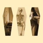 Five coffin shapes with various symbolic images of life and death showing through them.