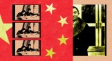 Three photos of people writing over a red background with yellow stars like the Chinese flag and a photo of Yan Yangchu on a pinkish tan background