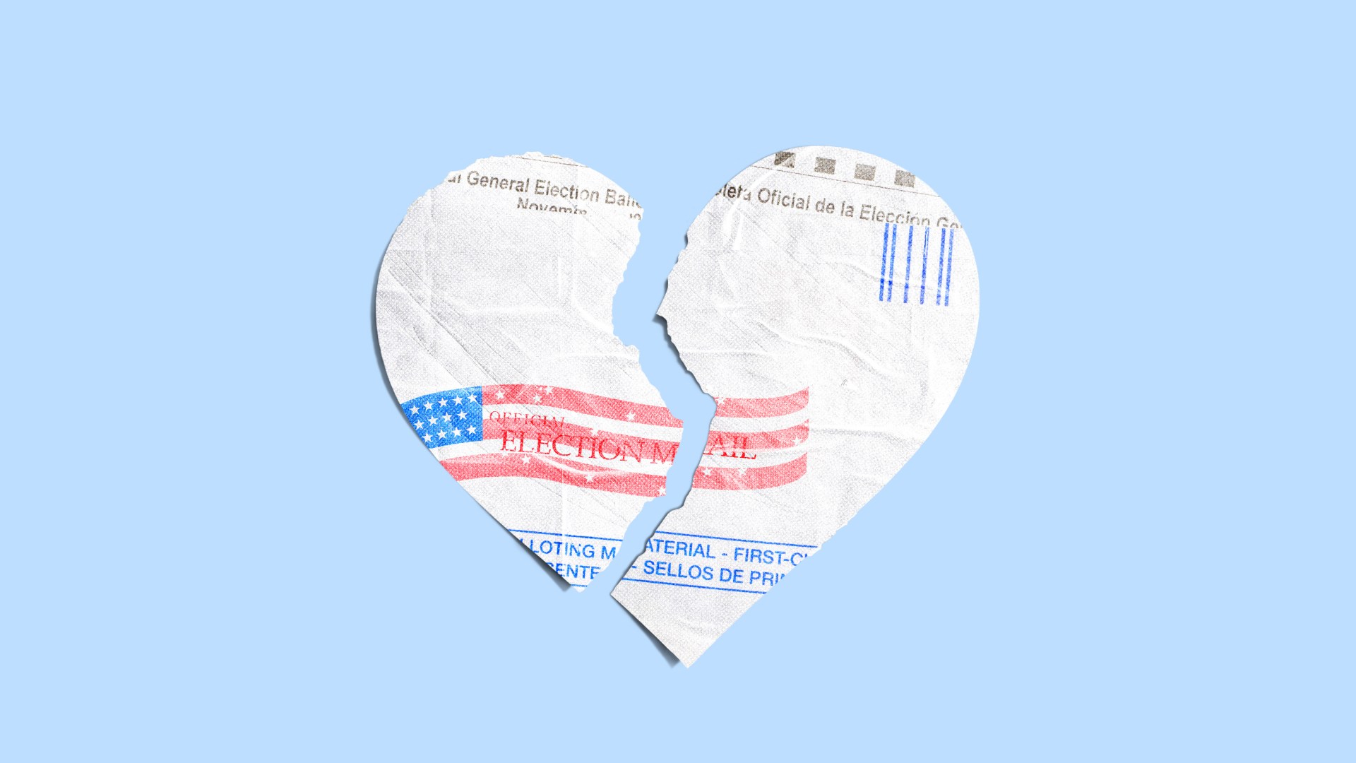A voting ballot in the shape of a heart torn in half.