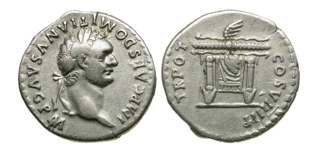 Coins of Domitian and his throne with a winged thunderbolt