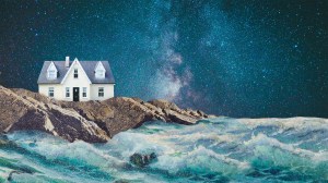 A house on a rock with ocean waves around it and a starry galaxy sky behind it.