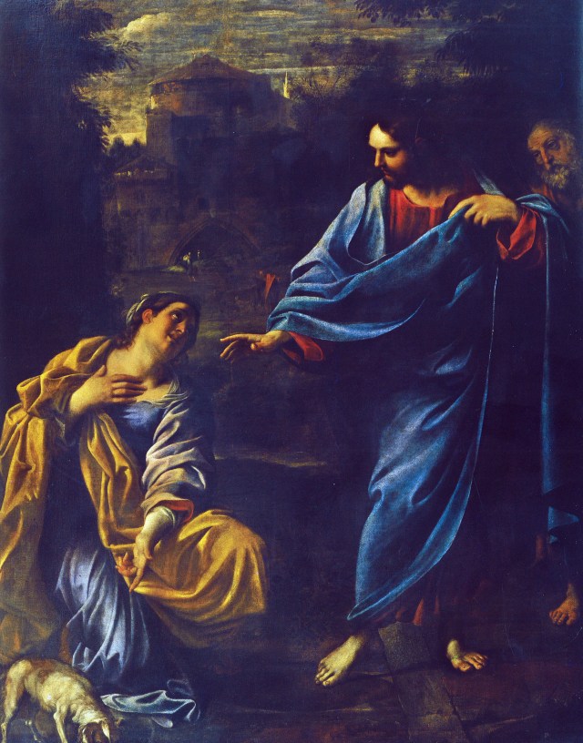 Jesus speaking to the Canaanite woman who is pointing to a dog