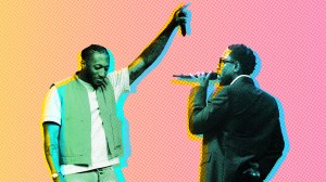 Kendrick Lamar and Lecrae on a colorful background.