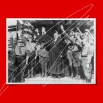 A photo of Nazis and a protestant bishop with white scribbles over it on a red background