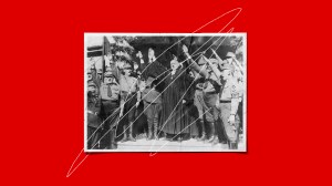 A photo of Nazis and a protestant bishop with white scribbles over it on a red background