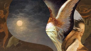 Layers of paper showing devils, angels, and a spooky moon