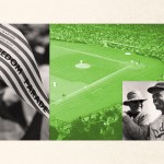 A collage photo of a baseball field, Branch Rickey, Jackie Robinson, and a civil rights march