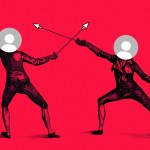 A duel between two people with blank social media profiles for heads.