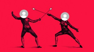 A duel between two people with blank social media profiles for heads.