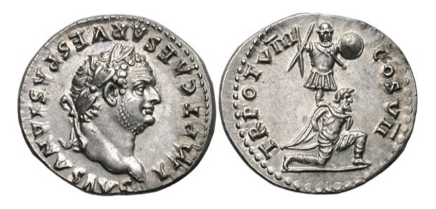 A coin with Titus on the front and a kneeling jew on the back