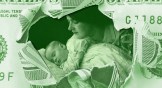 A torn dollar bill with an image of a mom and baby showing through.