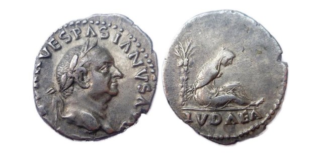 A coin with Vespasian on the front and a bound jew on the back